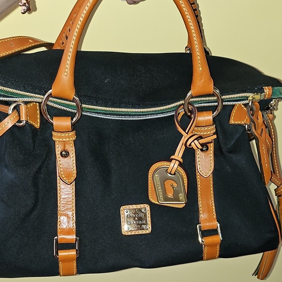 Dooney & Bourke Medium Black Canvas and Brown Leather Trim Satchel - Picture 12 of 13